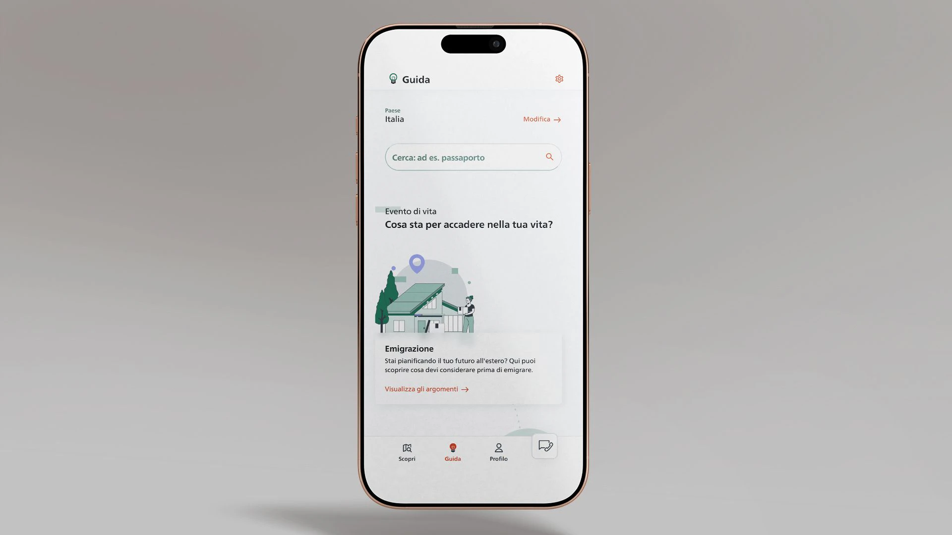 La figura mostra uno smartphone su cui è aperta la rubrica «Guida» dell’app SwissInTouch.